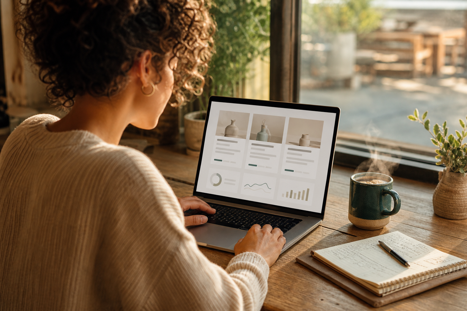 Small business owner reviewing ad copy variants on a laptop, with sticky notes for headlines, descriptions, and call-to-actions; cozy bakery counter in the background