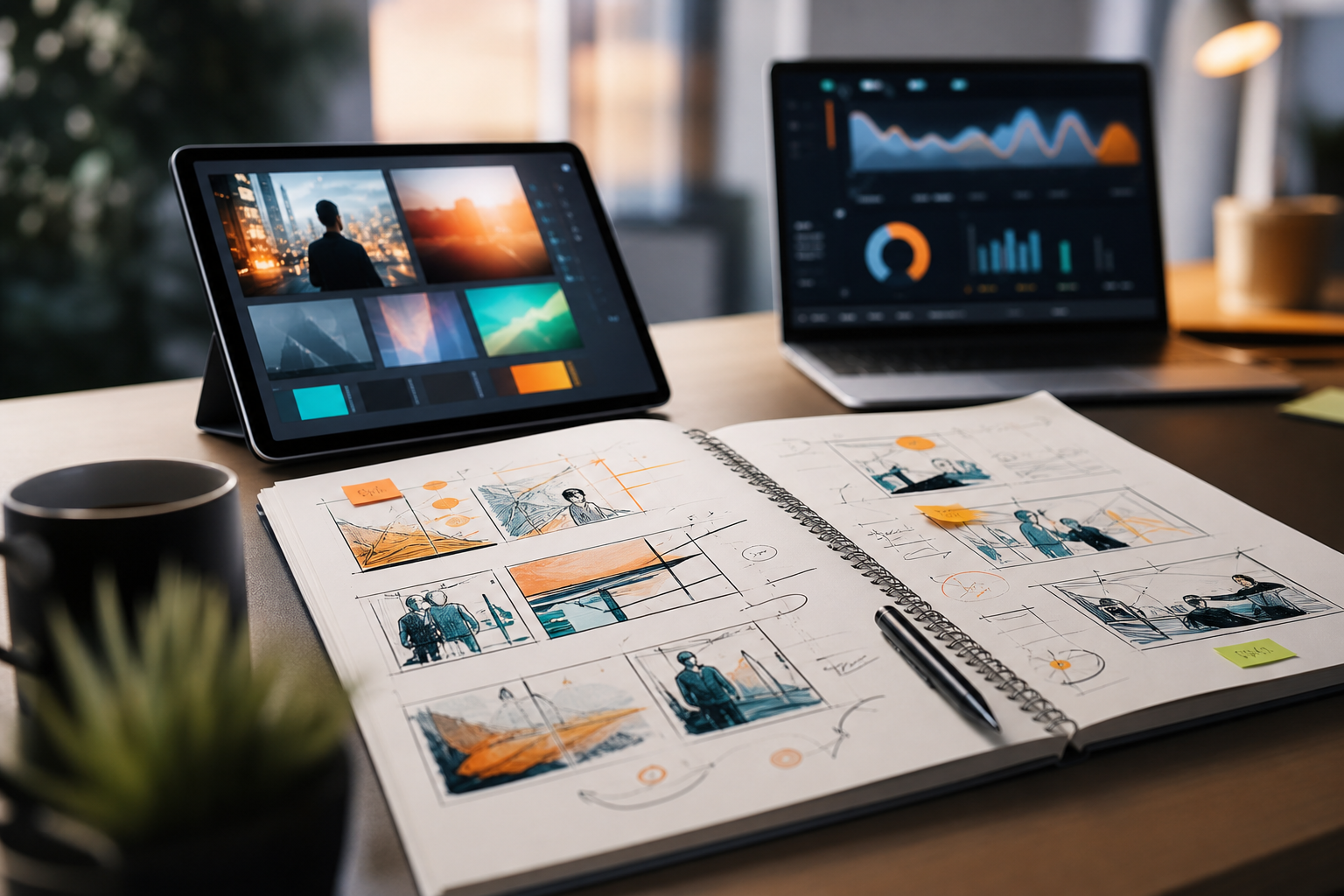 Media buyer desk with storyboard, platform mockups, and performance dashboard