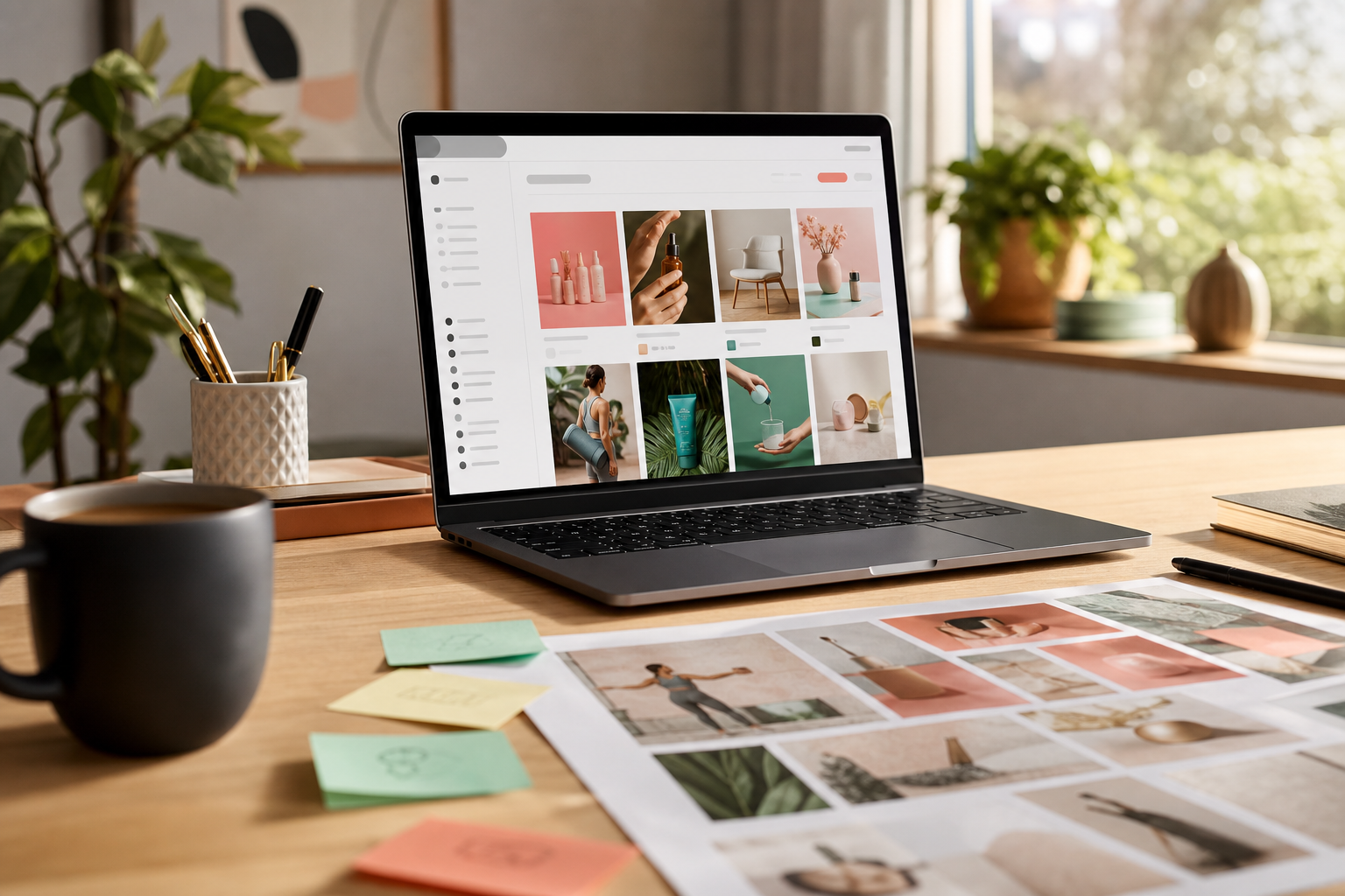 Ecommerce ad research workspace with brand mood board, sticky notes labeled “hooks,” “angles,” “UGC,” and a laptop showing an ad library search