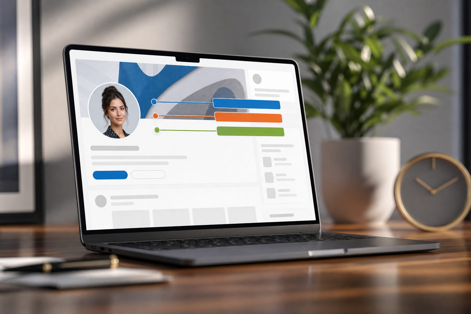 Sample LinkedIn profile highlighting the 220-character headline area with keywords, value statement, and proof badge