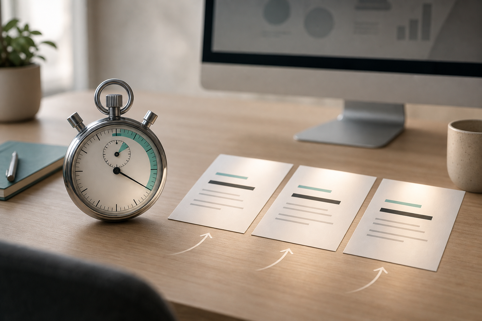 write hook grabs attention hero illustration of headline variations being tested on a stopwatch